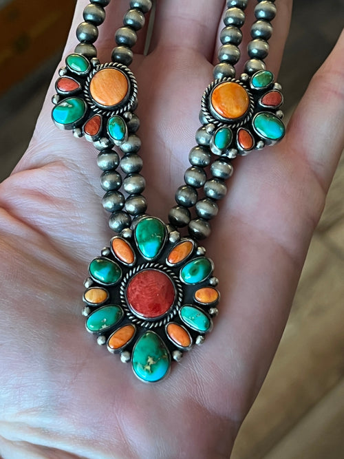 Navajo Made Sterling Silver Electric Rainbow Beaded Cluster Necklace & Earrings Set by Angela Martin