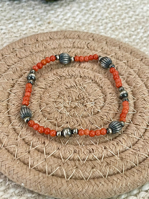 ** 4TH OF JULY ** Handmade Sterling Silver & Coral Beaded Bracelet with Signed Nizhoni