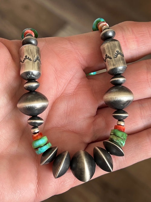 Navajo Made Electric Rainbow Sterling Silver, Turquoise and Spiny Oyster Single Strand Beaded Necklace by Rose Martin, 20 + 2 Inches