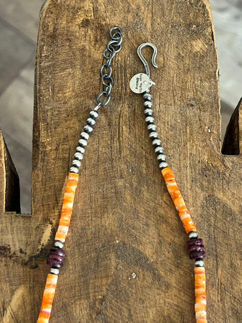 Navajo Made Electric Rainbow Sterling Silver, Turquoise and Spiny Oyster Single Strand Beaded Necklace by Rose Martin, 22 + 2 Inches