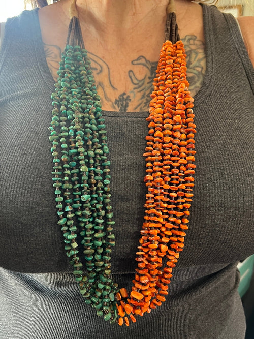 Handcrafted Eight Strand Spiny Oyster and Turquoise Beaded Squaw Wrap Necklace by Daniel Coriz