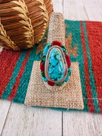 Old Pawn Navajo Sterling Silver, Turquoise & Coral Inlay Ring Size 11