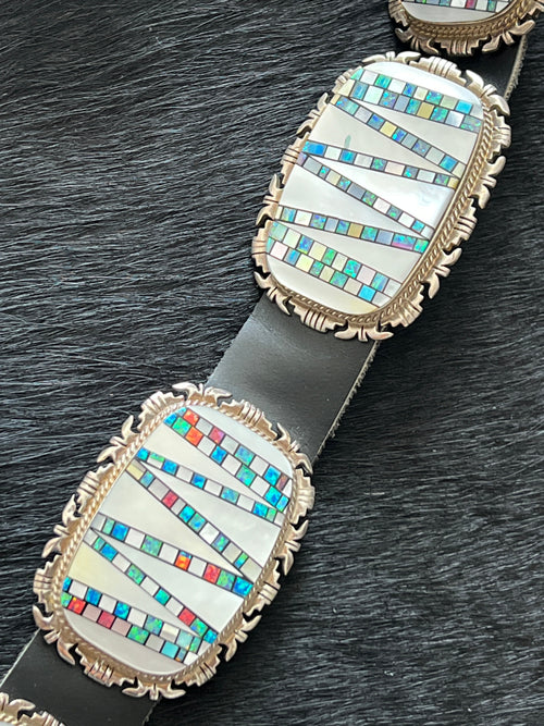 Tremendous Old Pawn Handcrafted Sterling Silver, Mother of Pearl and Opal Inlay Concho Belt by Albert Francisco