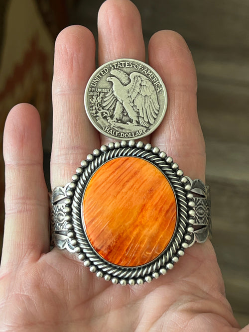 Handcrafted & Hand Stamped Sterling Silver Split Cuff Bracelet with Spiny Oyster Shell by Murphy Platero