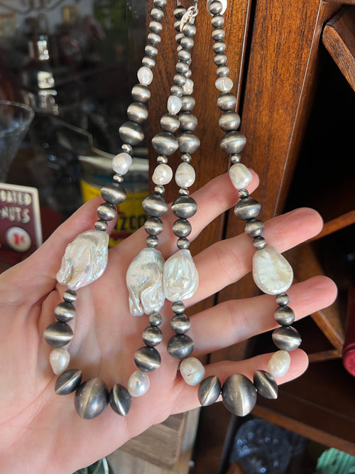 Navajo Sterling Silver and Freshwater Pearl Handmade Beaded Necklace by Rose Martin, 16 Inches