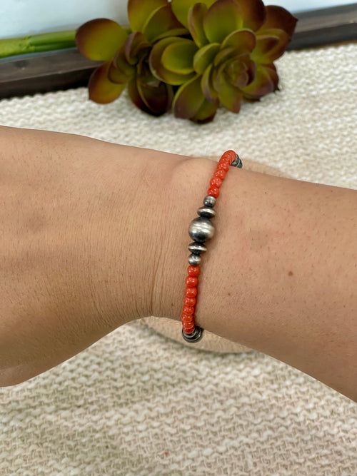 ** 4TH OF JULY ** Handmade Sterling Silver & Coral Beaded Bracelet with Signed Nizhoni