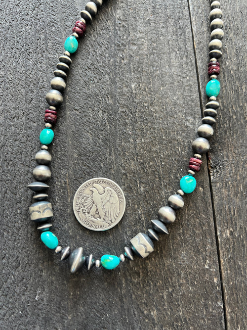 Navajo Made Electric Rainbow Sterling Silver, Turquoise and Spiny Oyster Single Strand Beaded Necklace by Rose Martin, 20 + 2 Inches