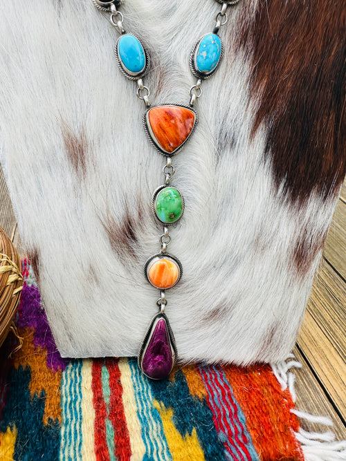 Handcrafted Turquoise, Spiny Oyster & Sterling Silver Electric Rainbow Lariat Necklace