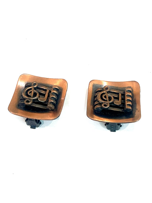 Vintage Handmade Copper Clip On Music Note Earrings