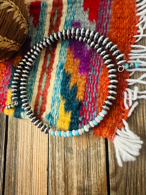 Handcrafted Turquoise, Queen Pink Conch & Sterling Silver Beaded Wrap Choker Necklace