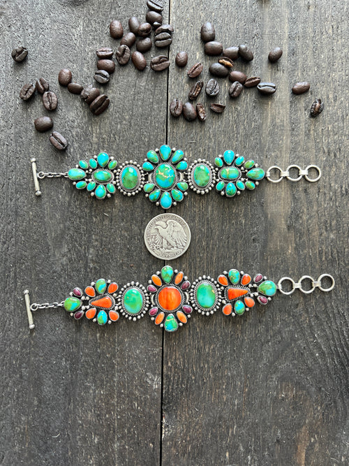 Stunning Sterling Silver, Sonoran Mountain Turquoise and Spiny Oyster Shell Cluster Link Bracelets by Diane Wylie