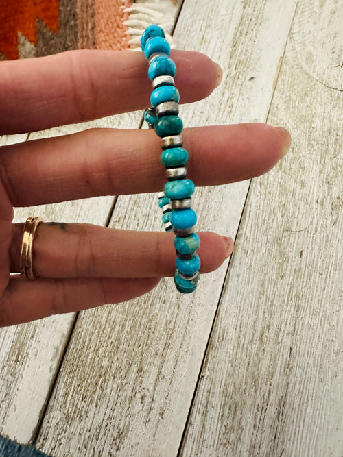 Navajo Turquoise & Sterling Silver Pearl Beaded Stretch Bracelet