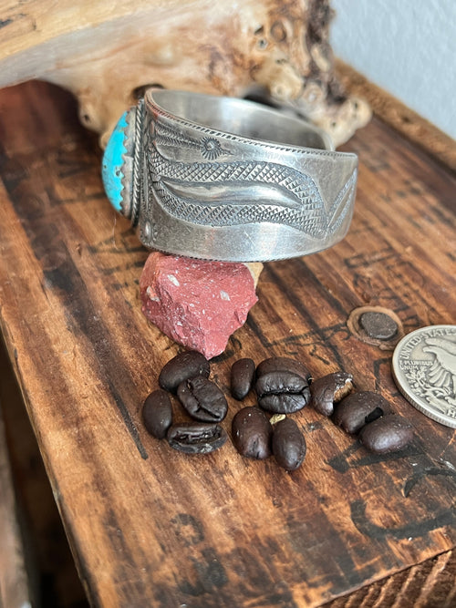 Hand Forged Old Pawn Sterling Silver Ingot Cuff Bracelet w/ Turquoise by Santa Fe Artist, Buffalo: The Spurs