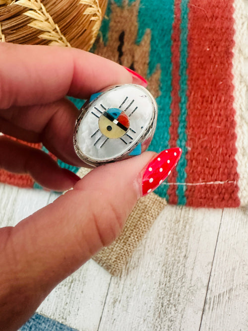 Handcrafted Old Pawn Sterling Silver & Multi Stone Inlay Sun Face Ring Size 11