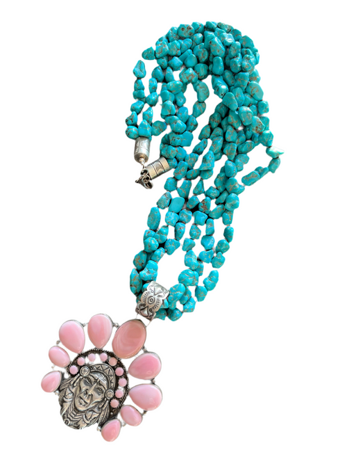 Handcrafted Sterling Silver Pink Conch Chief and Triple Strand Turquoise Nugget Bead Necklace by Patrick Yazzie