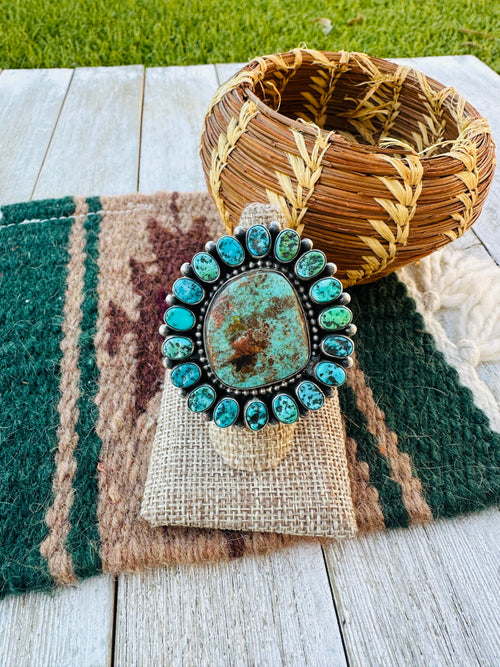 Old Pawn Handcrafted Turquoise & Sterling Silver Cluster Ring Size 7 by B. Yellowhorse