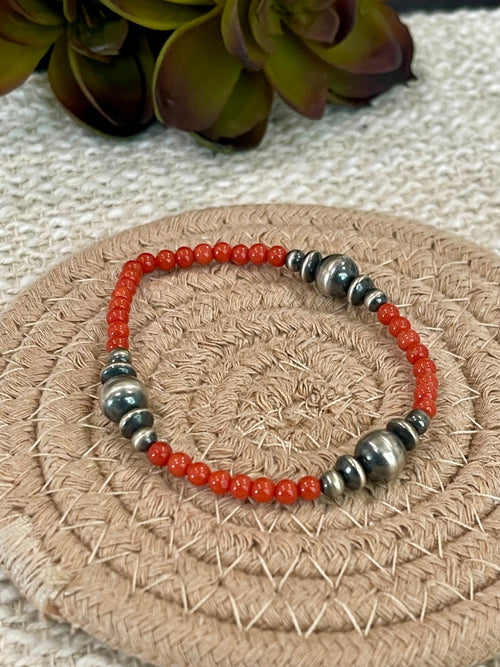 ** 4TH OF JULY ** Handmade Sterling Silver & Coral Beaded Bracelet with Signed Nizhoni