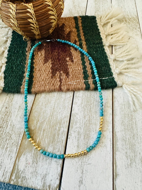 Handcrafted Turquoise & Gold Beaded 18” Necklace