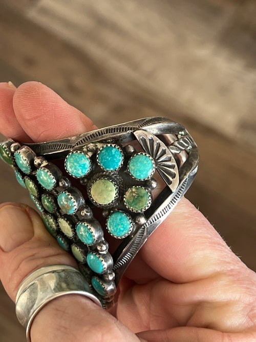 Handcrafted Vintage Sterling Silver and Fox Turquoise Cluster Cuff /