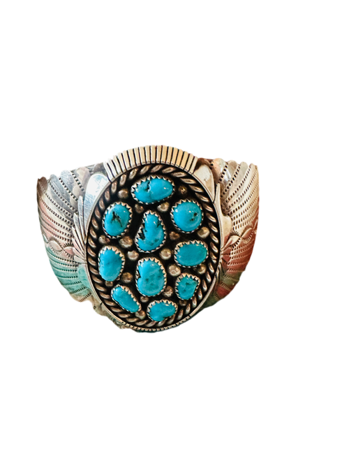 Old Pawn Sterling Silver & Turquoise Cluster Cuff Bracelet /