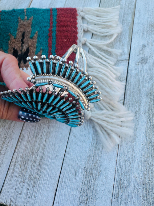 Handcrafted Old Pawn Sterling Silver & Turquoise Needlepoint Cuff Bracelet