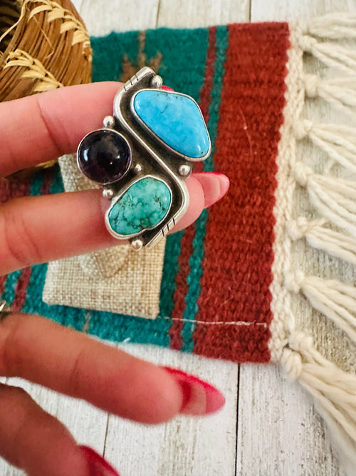 Old Pawn Navajo Sterling Silver, Turquoise & Amethyst Adjustable Ring