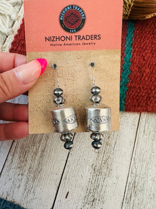 Navajo Hand Stamped Sterling Silver Pearl Dangle Earrings