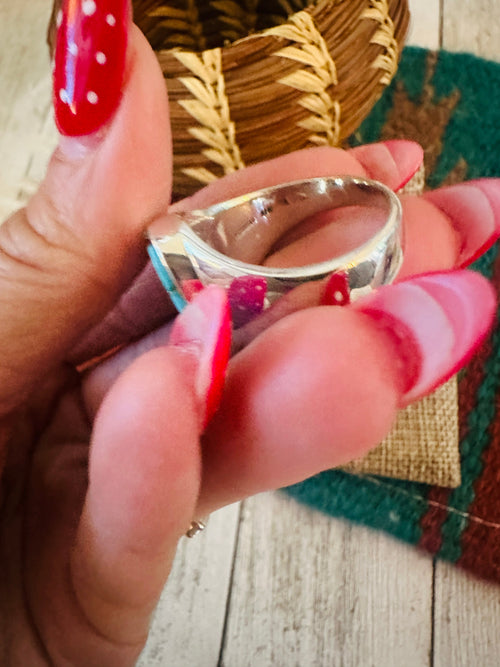 Old Pawn Navajo Sterling Silver, Turquoise & Onyx Inlay Ring Size 9