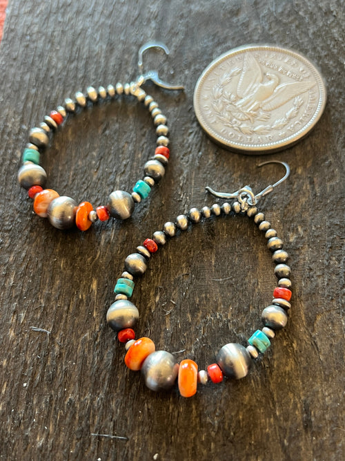 Navajo Made Electric Rainbow Sterling Silver, Turquoise & Spiny Oyster Beaded Drop Hoop Earrings, Leverback