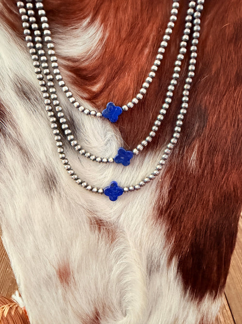 Handcrafted Lapis and Sterling Silver Pearl Quatrefoil Beaded Necklace