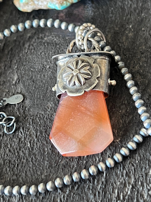 Sterling Silver Gem Collector 30” + 2” Beaded Necklace w/ Red Botswana Agate & Rosette Pendant