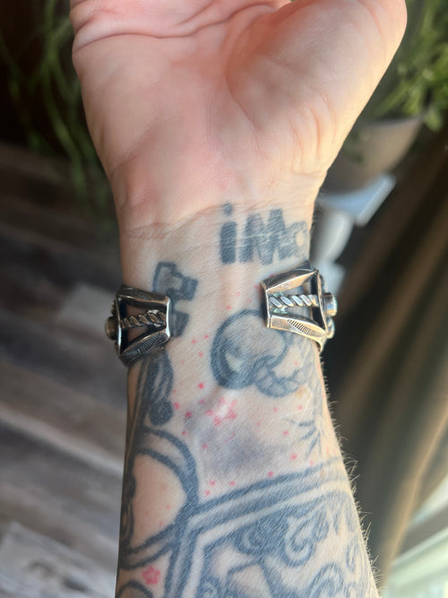 Handcrafted Vintage Sterling Silver and Fox Turquoise Cluster Cuff /