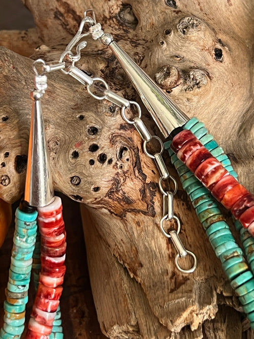 Daniel Coriz Triple Strand Spiny Oyster and Turquoise Beaded Necklace w/ Removable Sterling Silver & Stone Inlay Bead