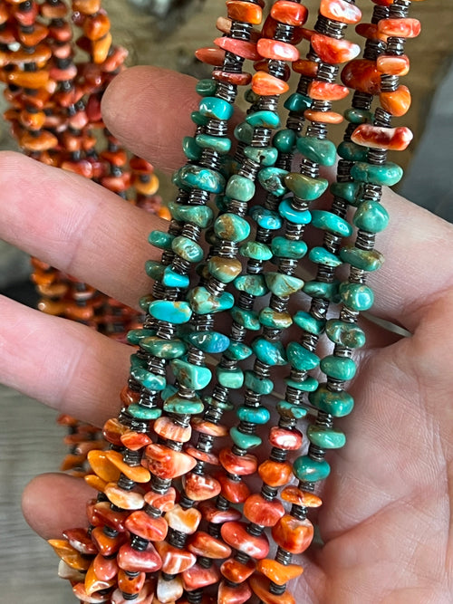 Gorgeous Santo Domingo Made Eight Strand Spiny Oyster and Turquoise Beaded Squaw Wrap Necklace by Daniel Coriz