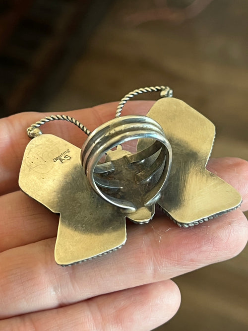 Old Pawn Navajo Sterling Silver and Turquoise Butterfly Ring by Anthony Skeets, Size 9