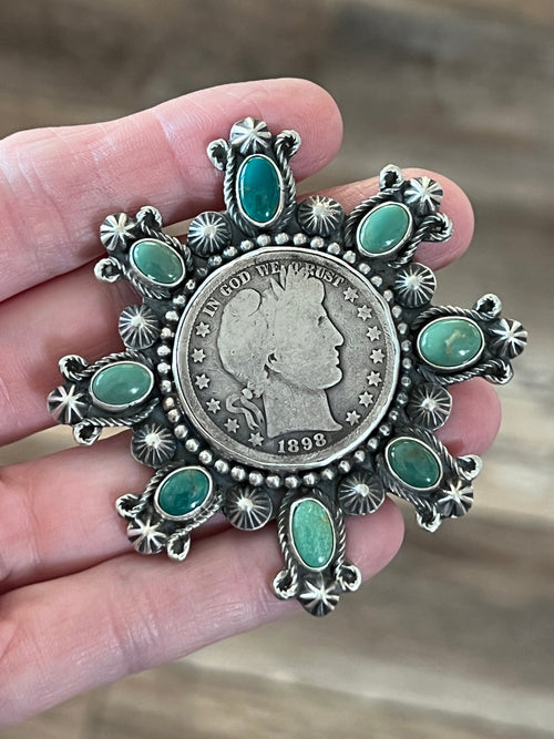 Rosella Paxson Hubei Turquoise and Barber Half Dollar Cluster Ring, Sz 6.5-7