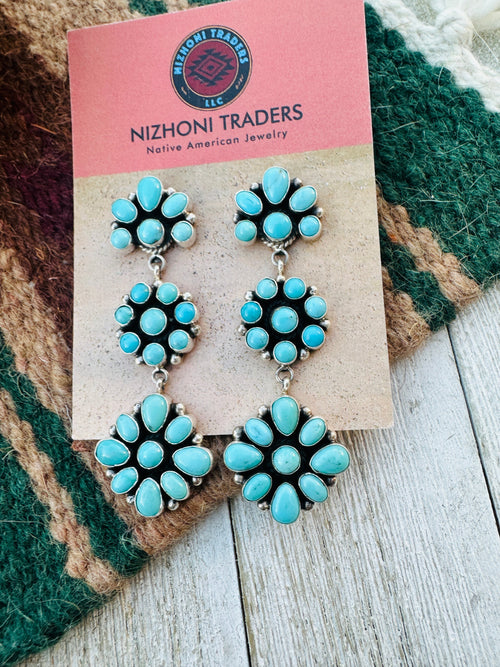 Handcrafted Old Pawn Kingman Turquoise And Sterling Silver Cluster Dangle Earrings