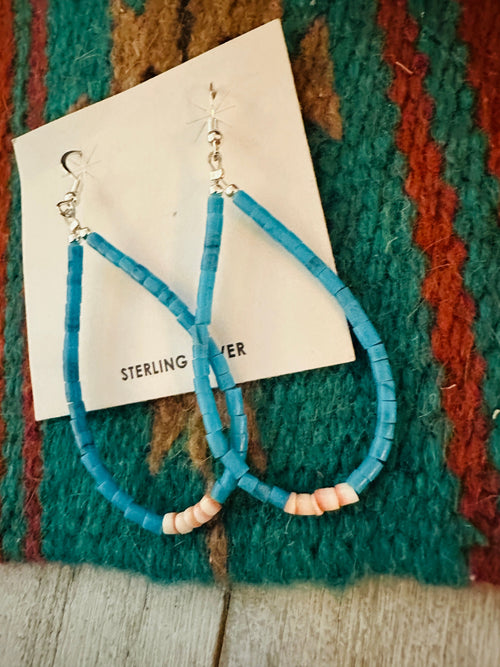 Navajo Turquoise, Shell & Sterling Silver Pearl Beaded Hoop Earrings