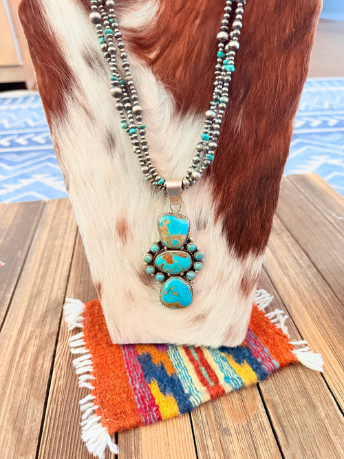 Handcrafted Turquoise & Sterling Silver Cluster Beaded Necklace by Sheila Becenti