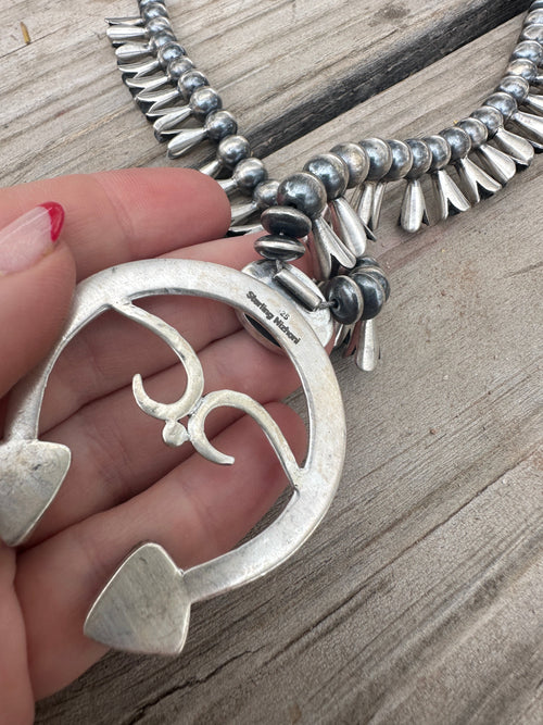 Beautiful Handmade Sterling Silver & Sonoran Mountain Turquoise Squash Blossom Necklace