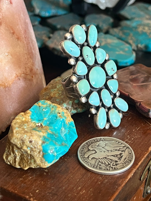 Old Pawn Navajo Sterling Silver and Dry Creek Turquoise Cluster Ring by Verdy Jake, Adjustable