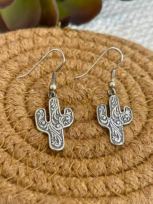 Old Pawn Handmade Sterling Silver Cactus Dangle Earrings