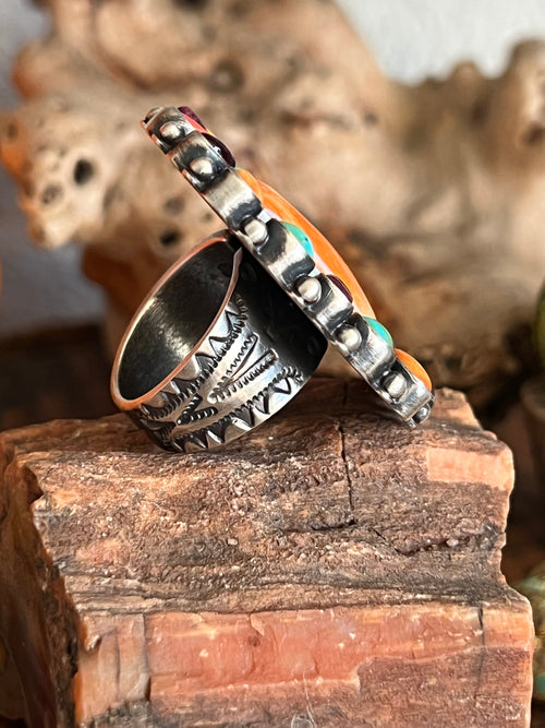 Electric Rainbow Handcrafted Turquoise and Spiny Oyster Cluster Ring by Bernyse Chavez, Adjustable