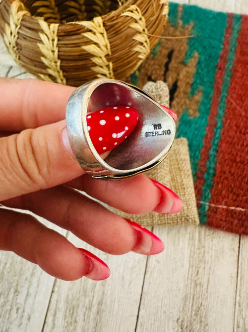 Old Pawn Navajo Sterling Silver with Gold Overlay, Turquoise & Coral Ring Size 10.75