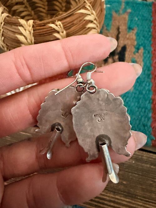 Handcrafted Old Pawn Sterling Silver & Coral Cluster Dangle Earrings