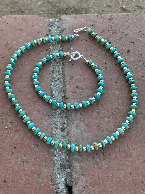 Gilded Sky Turquoise, Gold & Sterling Silver Beaded Necklace and Bracelets