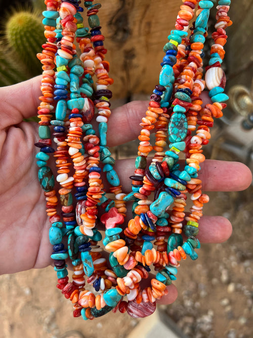 Gorgeous Santo Domingo Made Six Strand Spiny Oyster and Turquoise Beaded Squaw Wrap Necklace, No Tabs