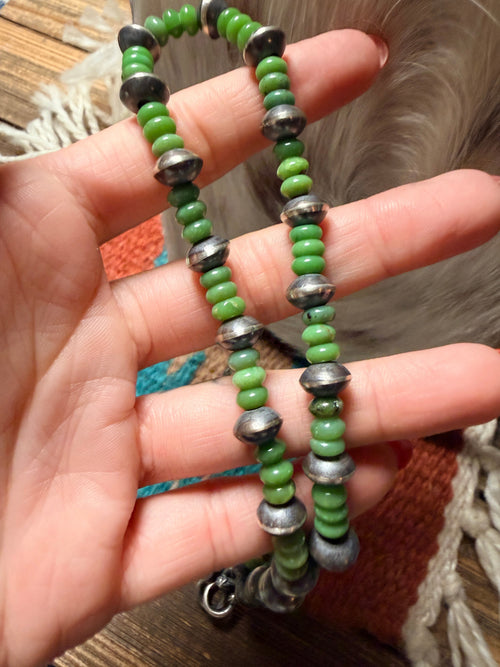 Handcrafted Green Turquoise & Sterling Silver Saucer Beaded 16” Necklace