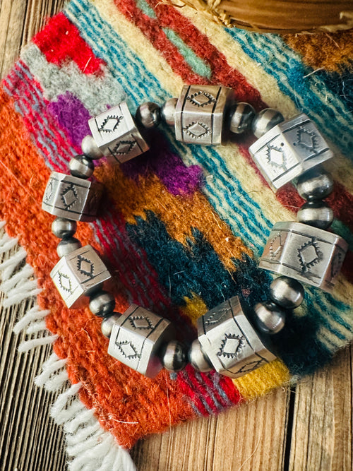 Handcrafted Hand Stamped Sterling Silver Pearl Beaded Stretch Bracelet