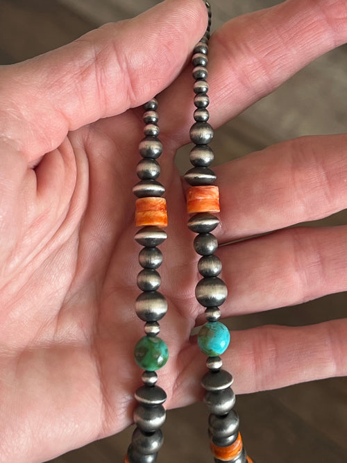 Navajo Made Electric Rainbow Sterling Silver, Turquoise and Spiny Oyster Single Strand Beaded Necklace by Rose Martin, 18 + 2 Inches